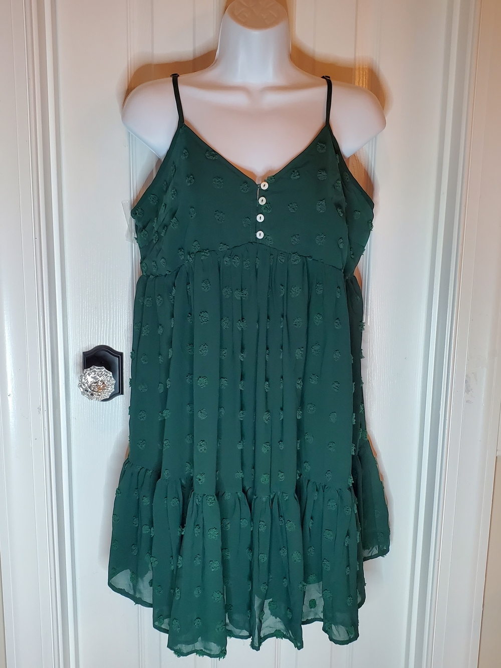 Entro Emerald Green Swiss Dot Babydoll Mini Dress - Large